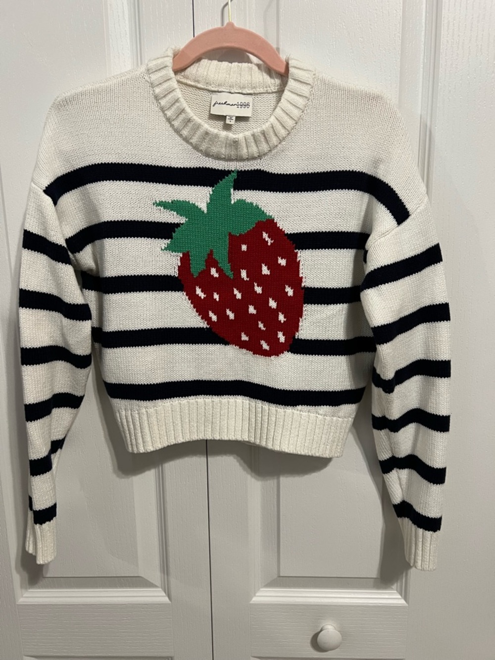 Freshman 1996 Cream Stripe Sweater with Red Strawberry Motif